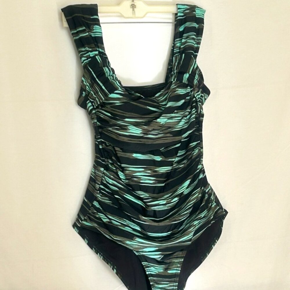 TROPICULTURE Swimsuits For All Black/Green Crossover Ruched One Piece  ~ Size 12